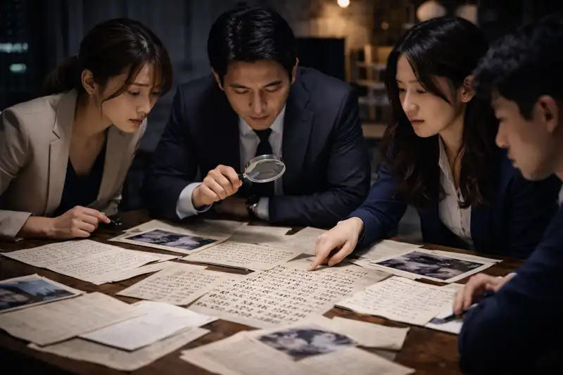 テーブルで資料を広げ、虫眼鏡を使って捜査会議をするスーツの男女
